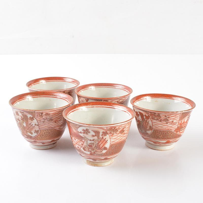 九谷焼　古九谷　九谷造　赤絵金彩　山水人物文　酒盃　ぐい呑　5客　V　R6502