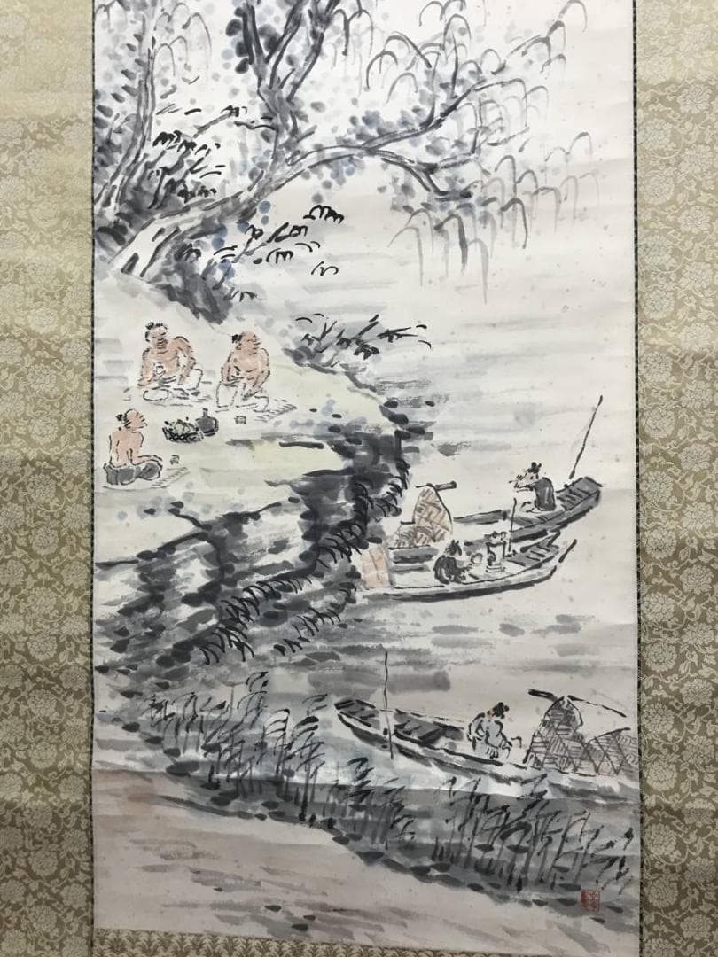 【真作】福田浩湖/柳蔭語喜図/山水図/山水人物図/掛軸/名家伝来/AB-848