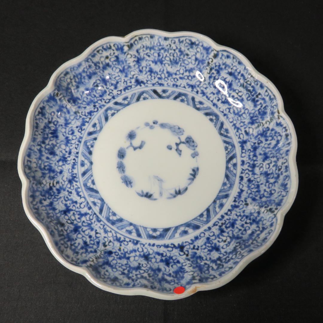 なます皿 3枚 微塵唐草 見込松竹梅 染付 蛇の目 銘 冨貴長春 窯傷