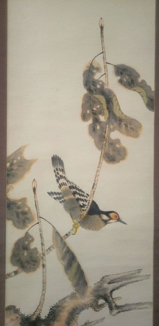 小杉放庵直筆紙本掛け軸共箱付き(題名霜の河雀)