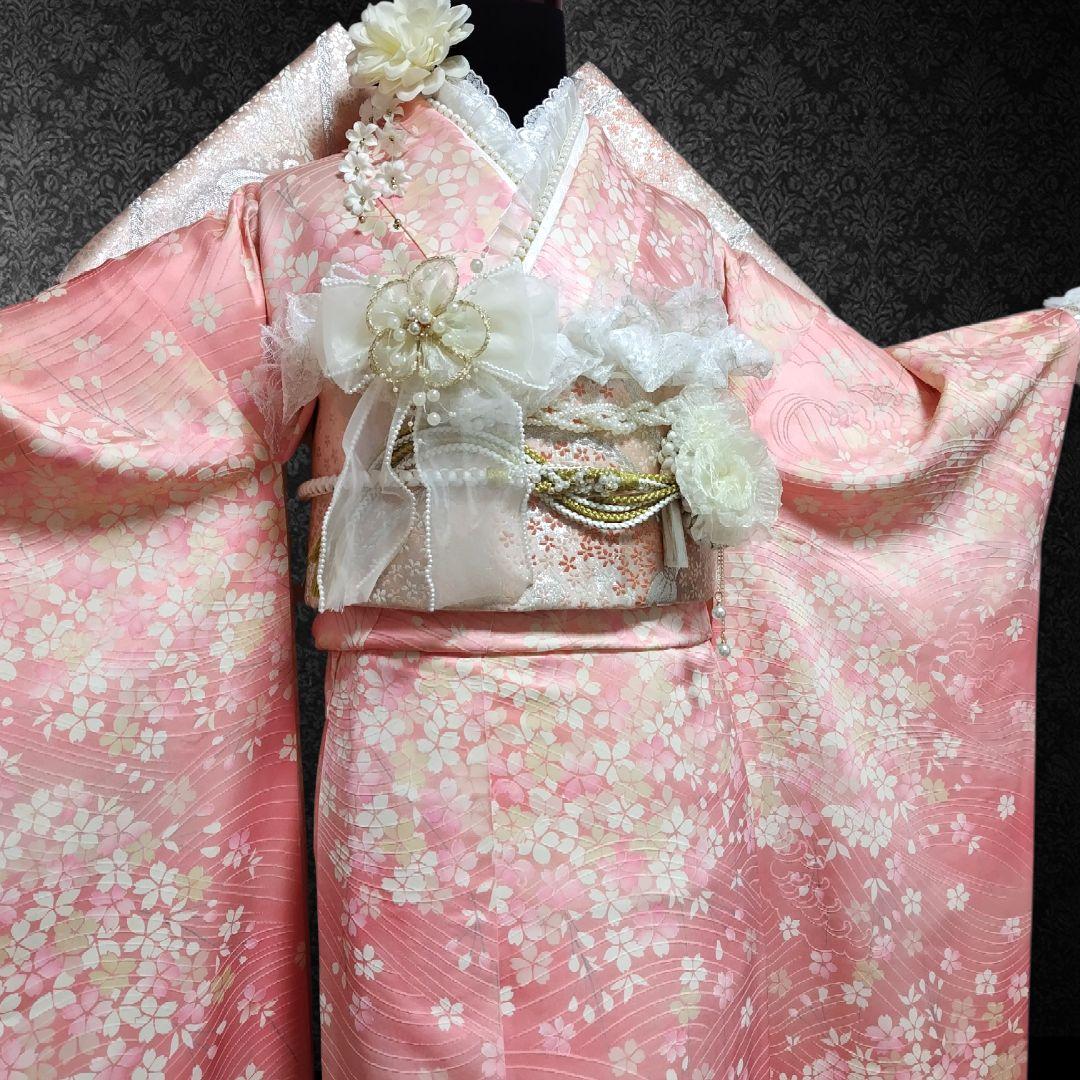 振袖フルセット(11点)・成人式・くすみ・桜・ピンク・胴裏正絹・逸品