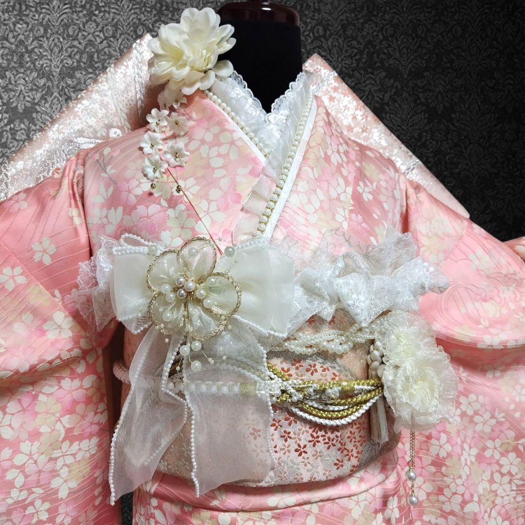 振袖フルセット(11点)・成人式・くすみ・桜・ピンク・胴裏正絹・逸品