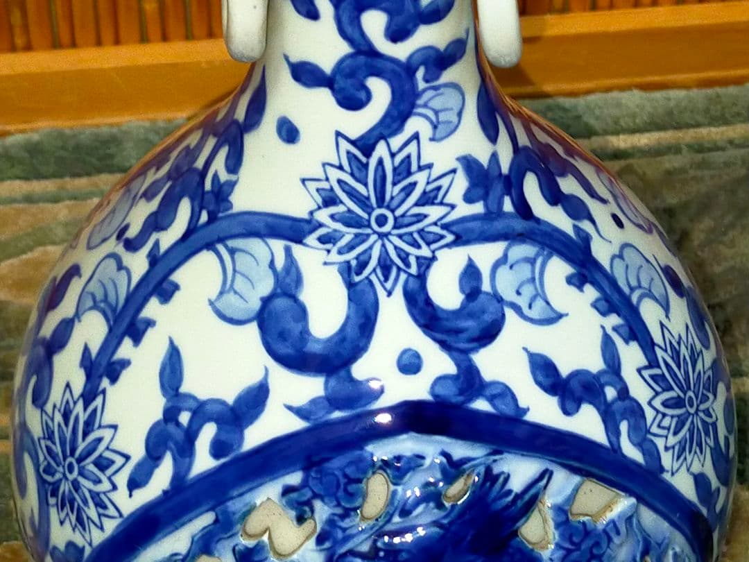 ♥値下げ！♥中国　染付　双耳　花瓶　大明成化年製　龍　鳳凰　骨董　古玩