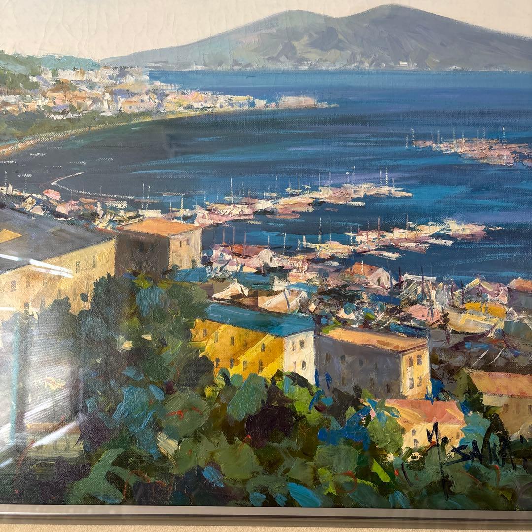 油彩画 海と山の風景 シルバーフレーム