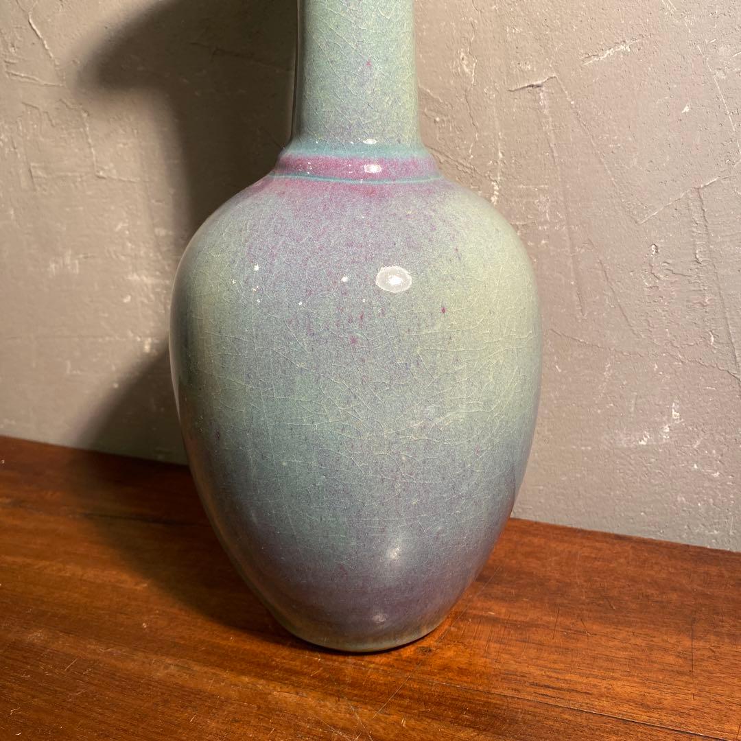 弥三郎窯 松島芳作 釣釉花瓶 共箱 骨董品 昭和中期 在銘 作家物 花器 花入