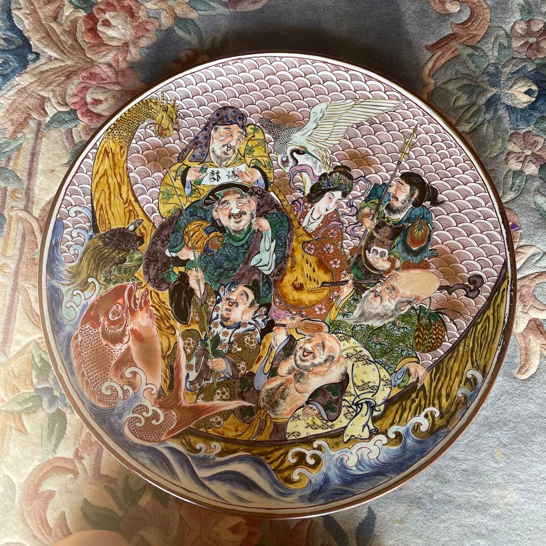 九谷焼　松龍作　七福神飾り大皿　2尺1寸7分8厘
