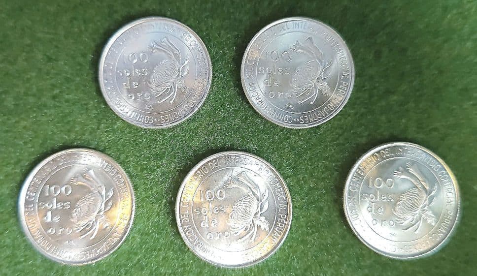 [新品、美品]ペルー 1973年 100ソル 銀貨 5枚セット