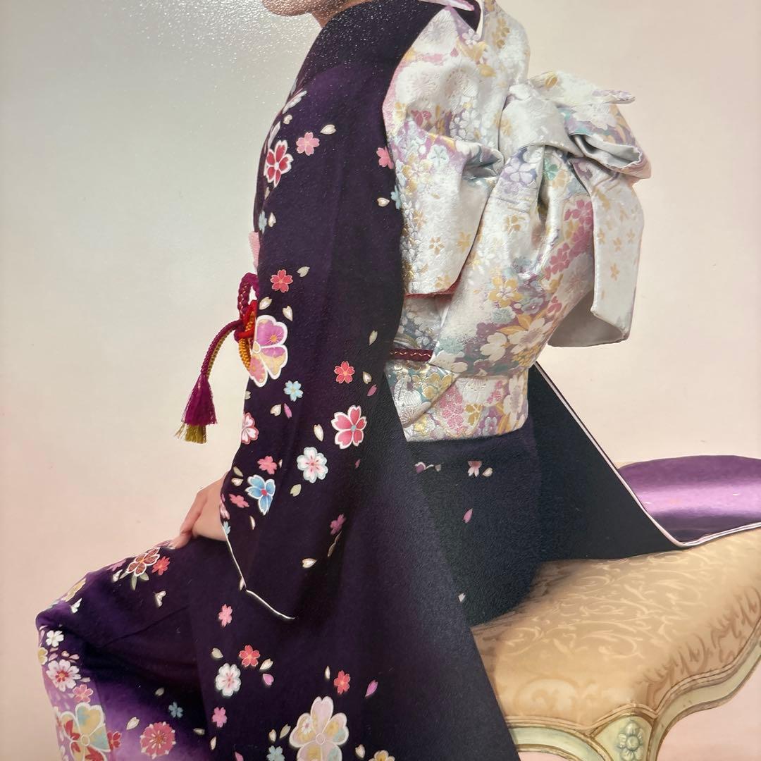 振袖 紫色 花柄 成人式用　3点セット