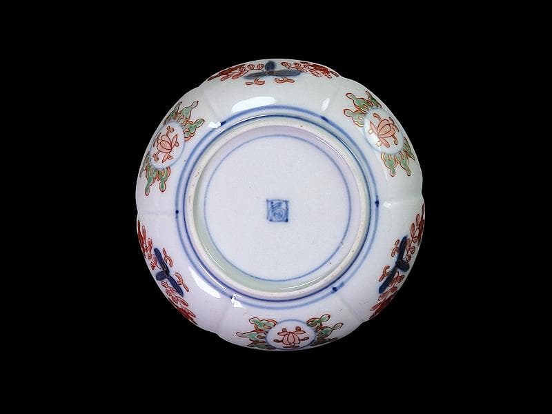 大聖寺伊万里　金襴手　菊に柘榴　松竹梅の図　輪花４寸皿２枚　E638AS-DCh