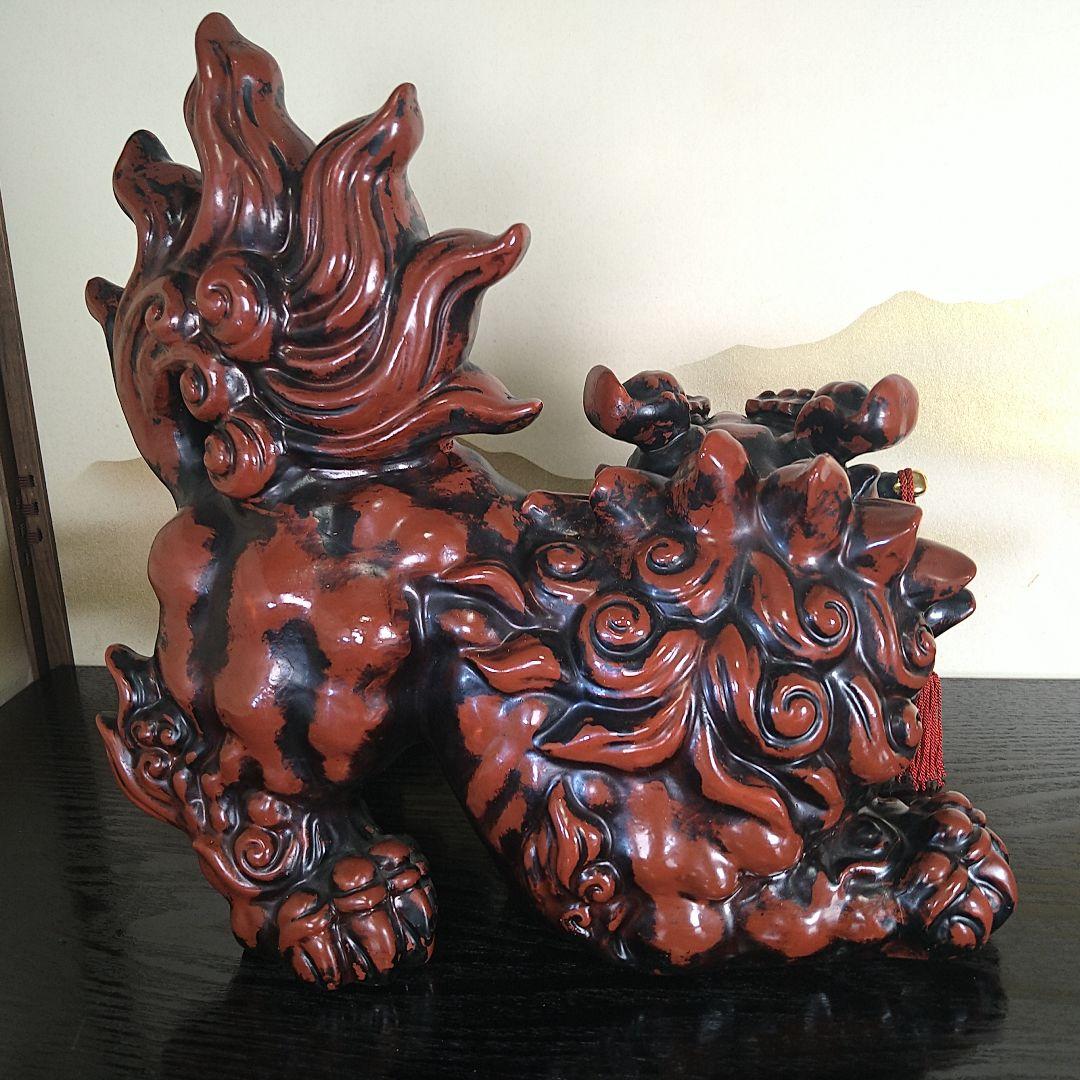 AE15 九谷焼 獅子 八幡窯 須栄義 剣獅子 玉乗り 赤獅子 縁起物 魔除