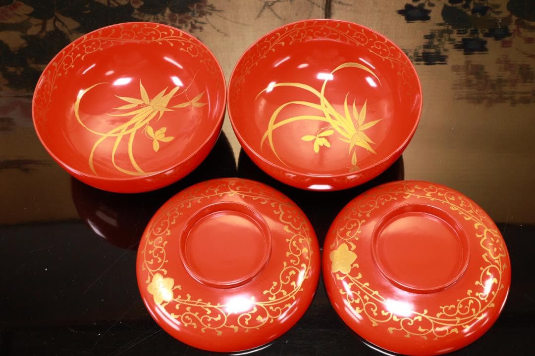 BJ121　時代輪島塗　四君子図蒔絵　吸物椀　二客　木製　茶道具 懐石 菓子