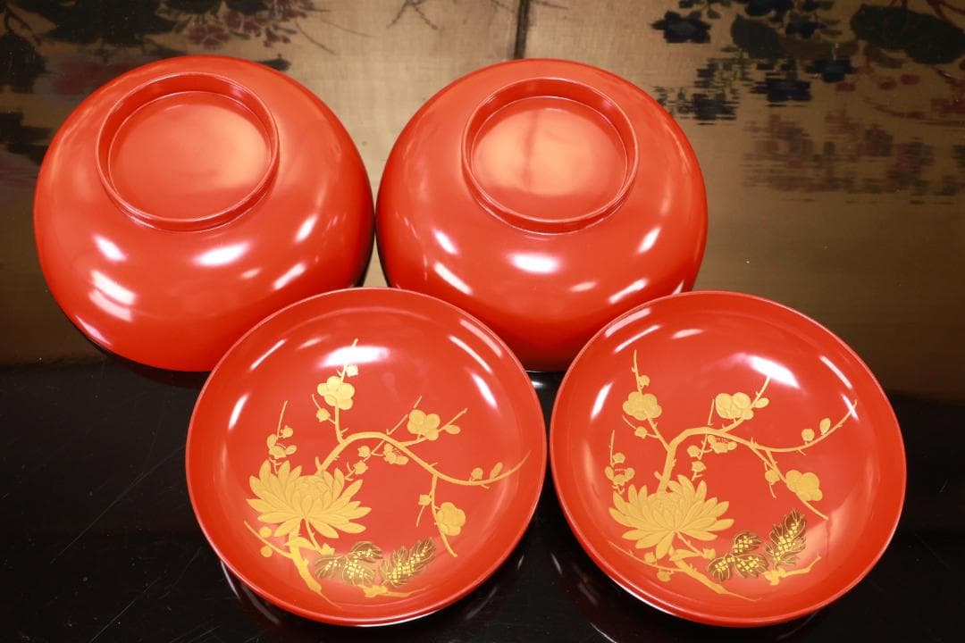 BJ121　時代輪島塗　四君子図蒔絵　吸物椀　二客　木製　茶道具 懐石 菓子