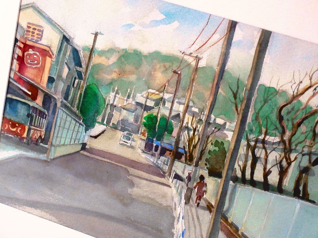 水彩画 街の風景 F6サイズ 額縁付き