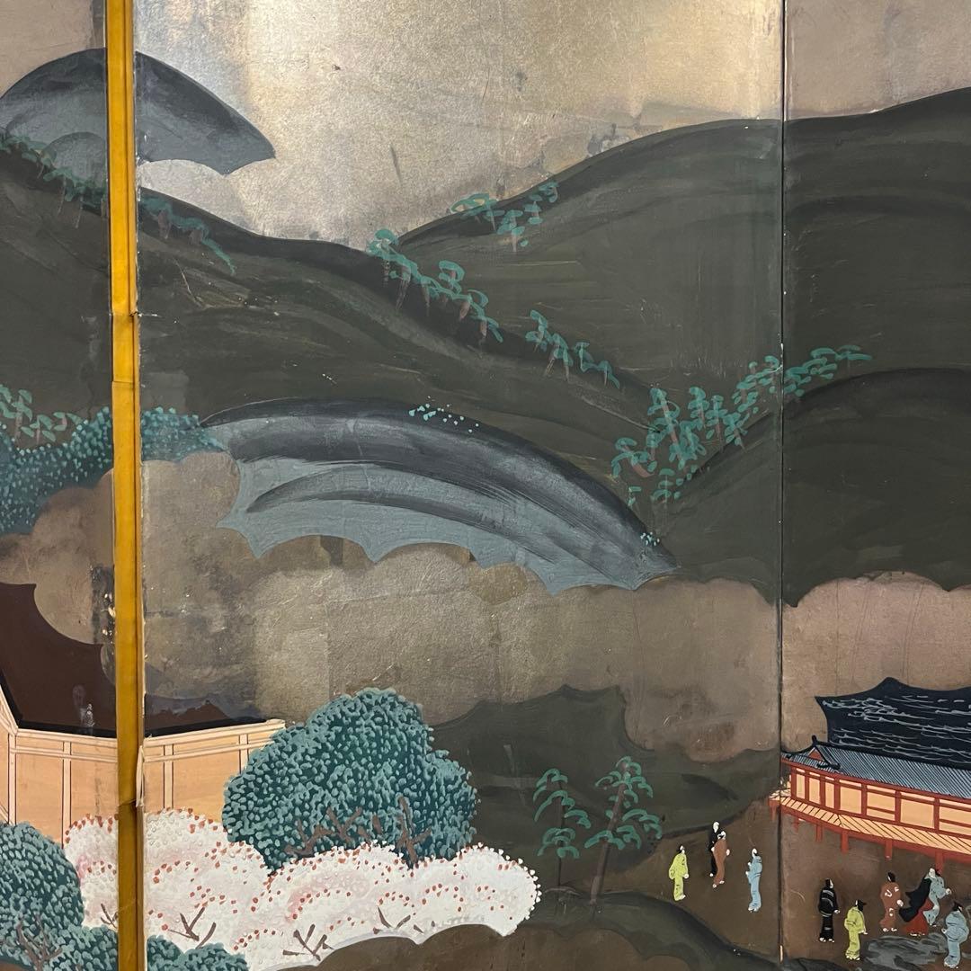 【アンティーク】蔵出し 六曲一双 屏風 人物画 風景画 日本画 金屏風 古美術