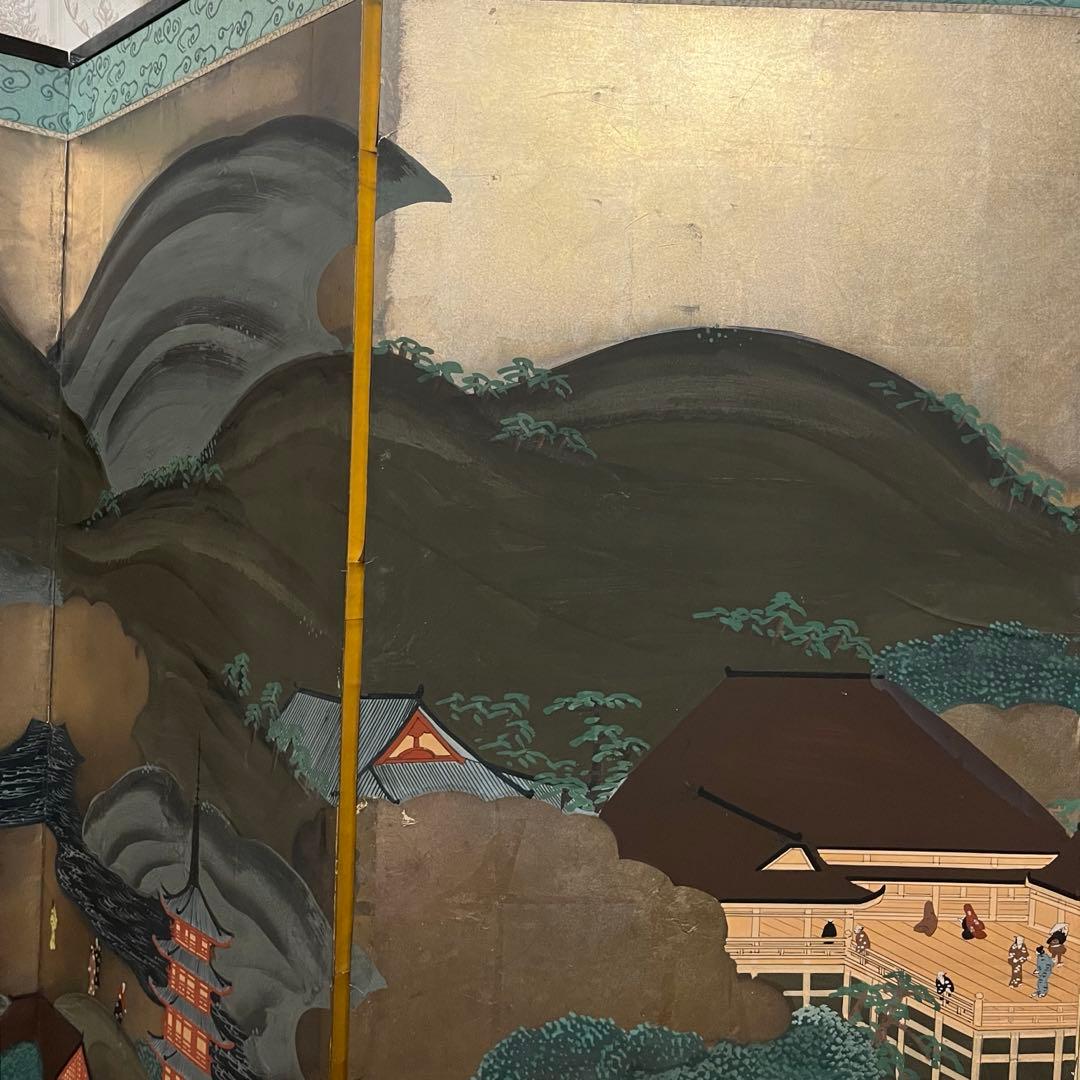 【アンティーク】蔵出し 六曲一双 屏風 人物画 風景画 日本画 金屏風 古美術