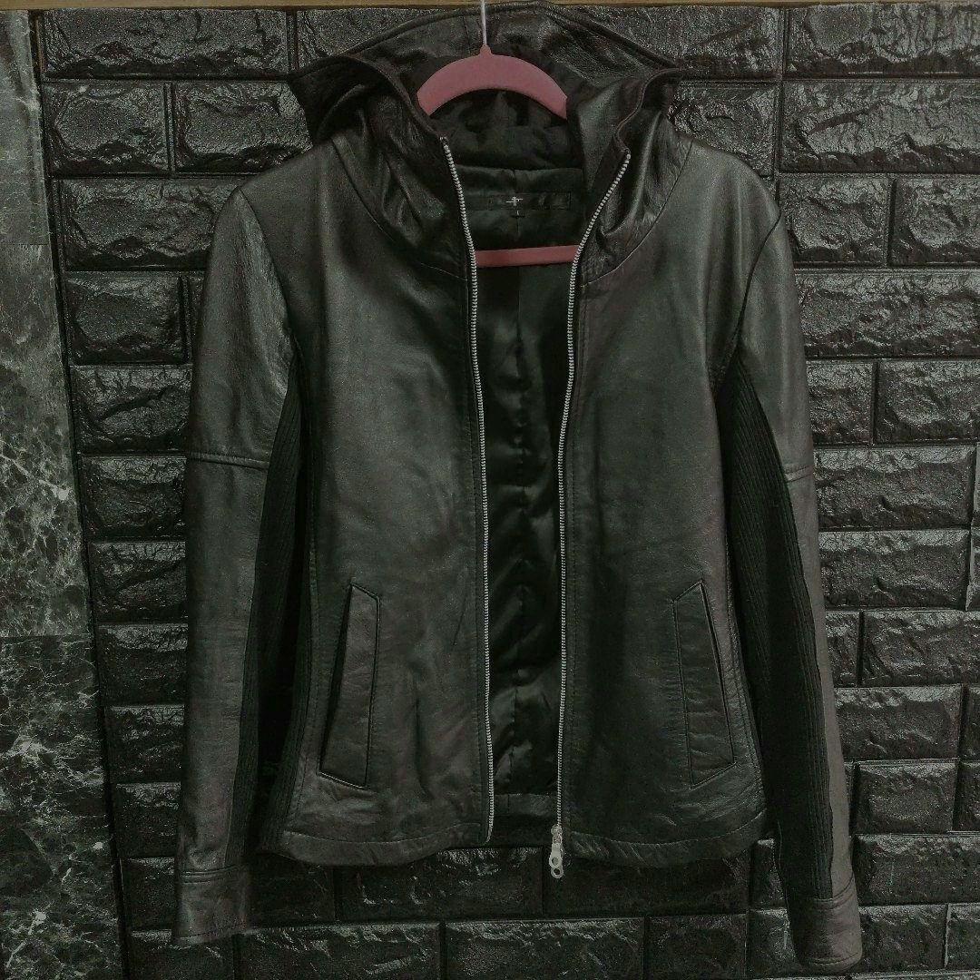 月星ノーアイディー黒ラムレザーシングルライダースフード付きジャケット完売品