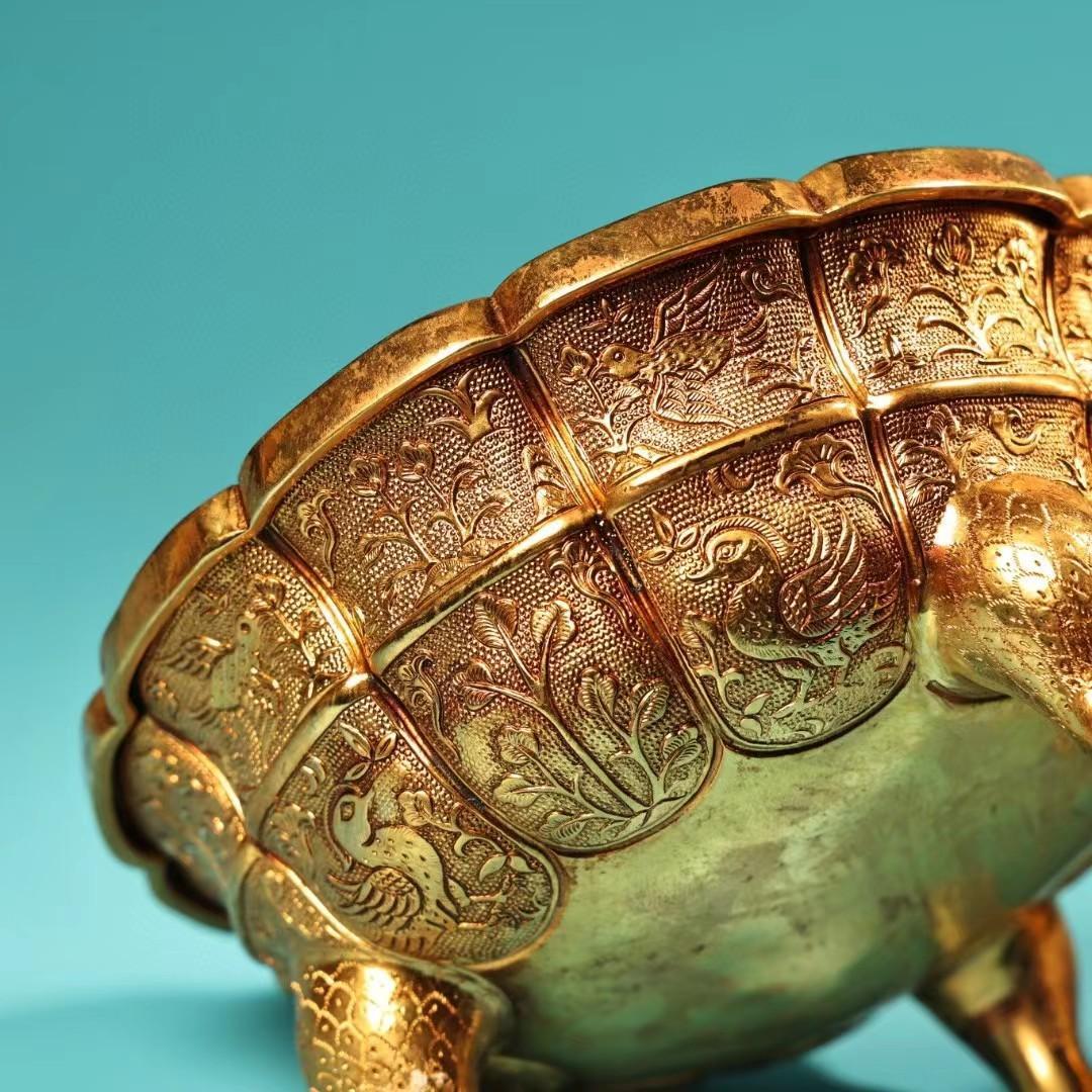 中国古美術・旧蔵鎏金茶碗の缶のセット・純銅細密彫・純手作り・高浮彫・置物・茶道具