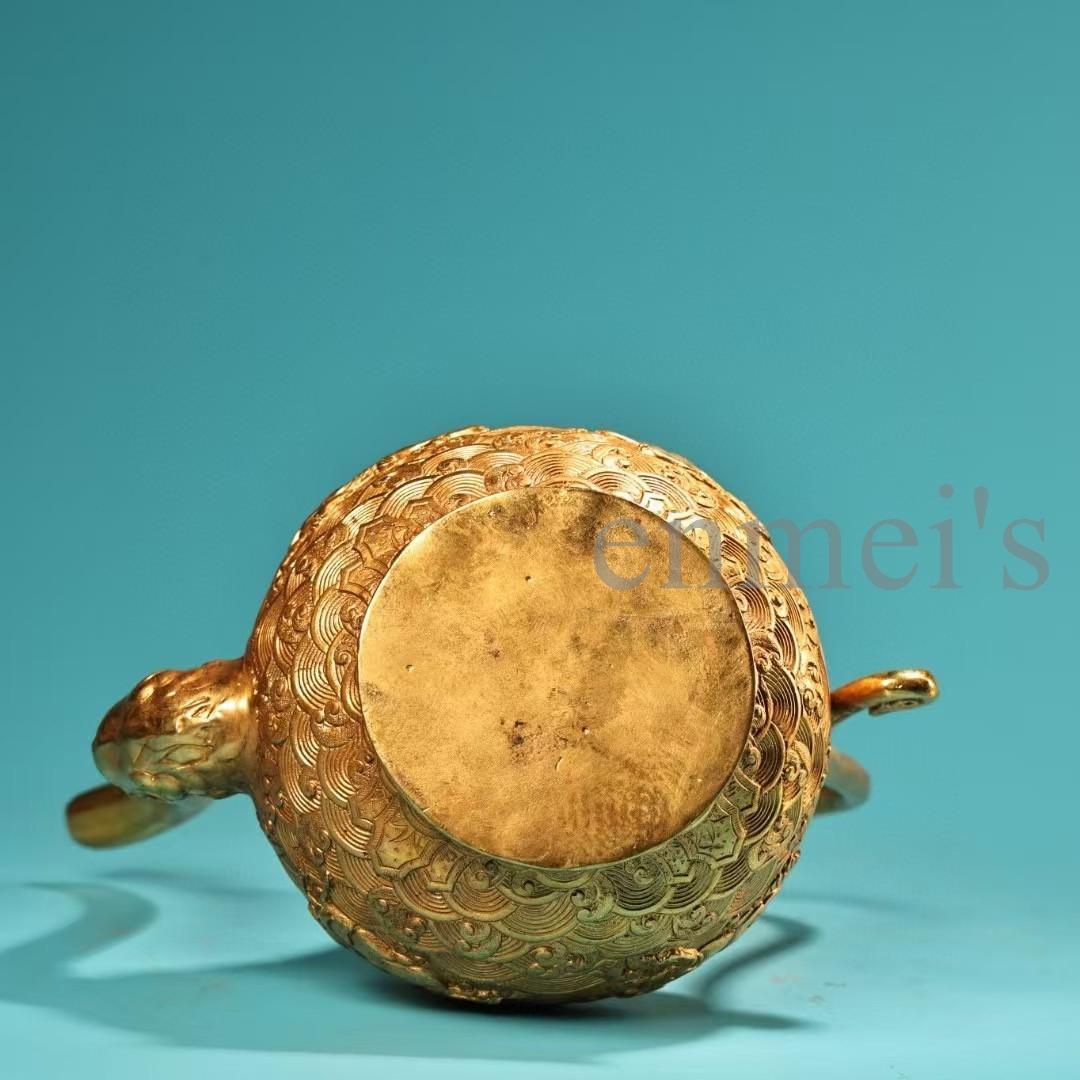中国古美術・珍蔵純銅製・鎏金・酒器・高浮彫酒壺・純手作り・茶道具・酒具・風水置物