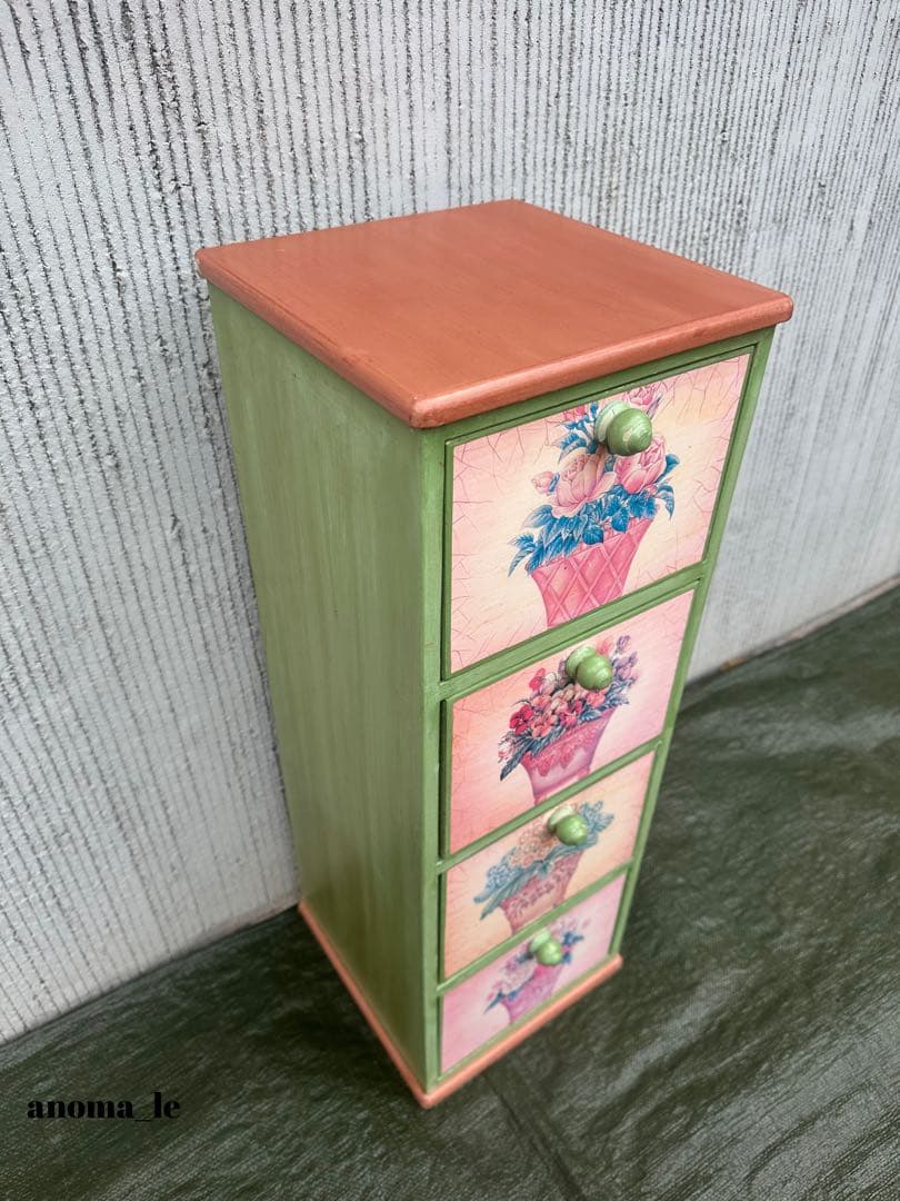 5005【チェスト】木製　花柄　トールペイント　収納　花台　アンティーク◎