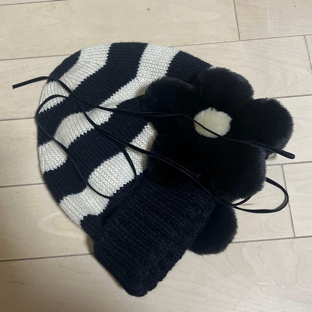 バラ色の帽子　お花ニット