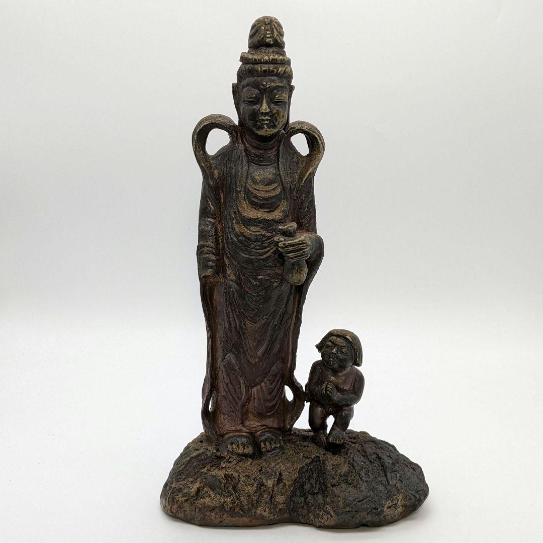 藤原陶臣 備前焼 観音菩薩立像 童 仏像 置物 細工物 工芸品 観音さま 陶像
