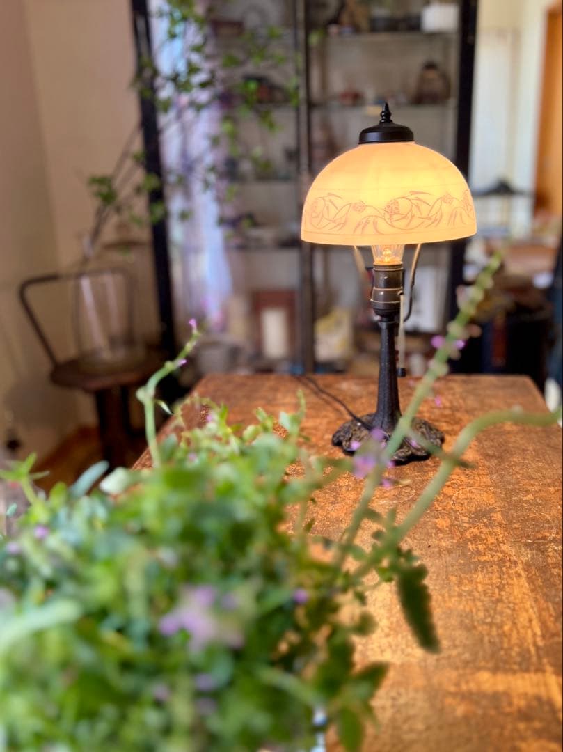 レトロ　大正ロマン　すりガラス花模様電笠　照明　灯り　古民家　アンティーク
