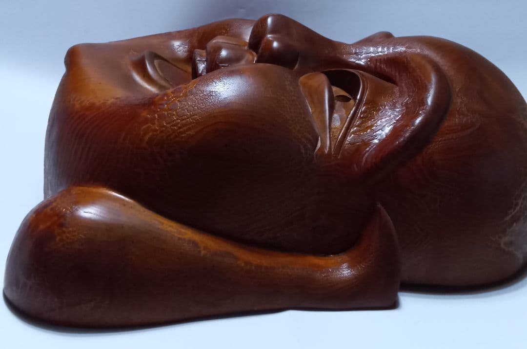 【大型】木彫り お面 木製 民芸 壁掛け 表情豊か 経年変化あり