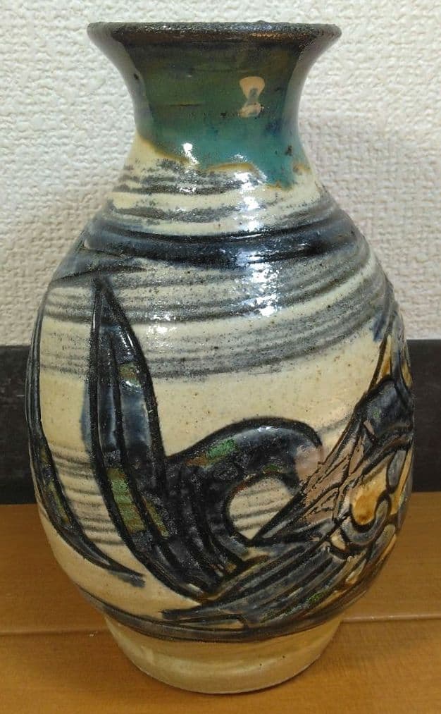 人間国宝 金城次郎 壷屋焼 魚紋花瓶 栞 共箱 壺屋焼 やちむん