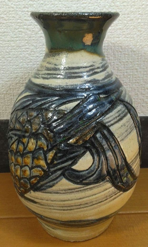 人間国宝 金城次郎 壷屋焼 魚紋花瓶 栞 共箱 壺屋焼 やちむん