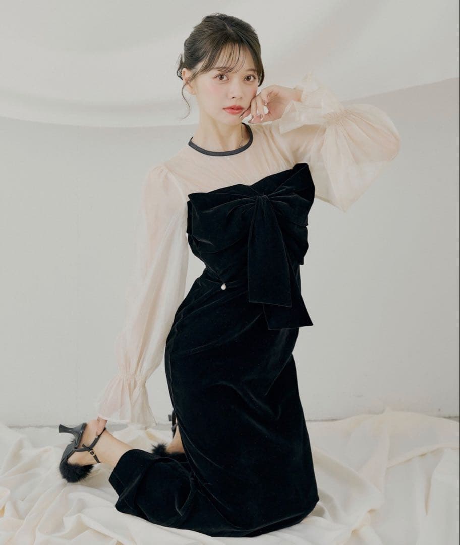 配色シアーリボンベロアワンピース/オケージョン