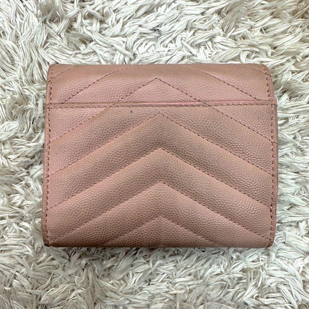 【美品】サンローラン 財布 YSL キャビアスキン ピンクベージュ キルティング