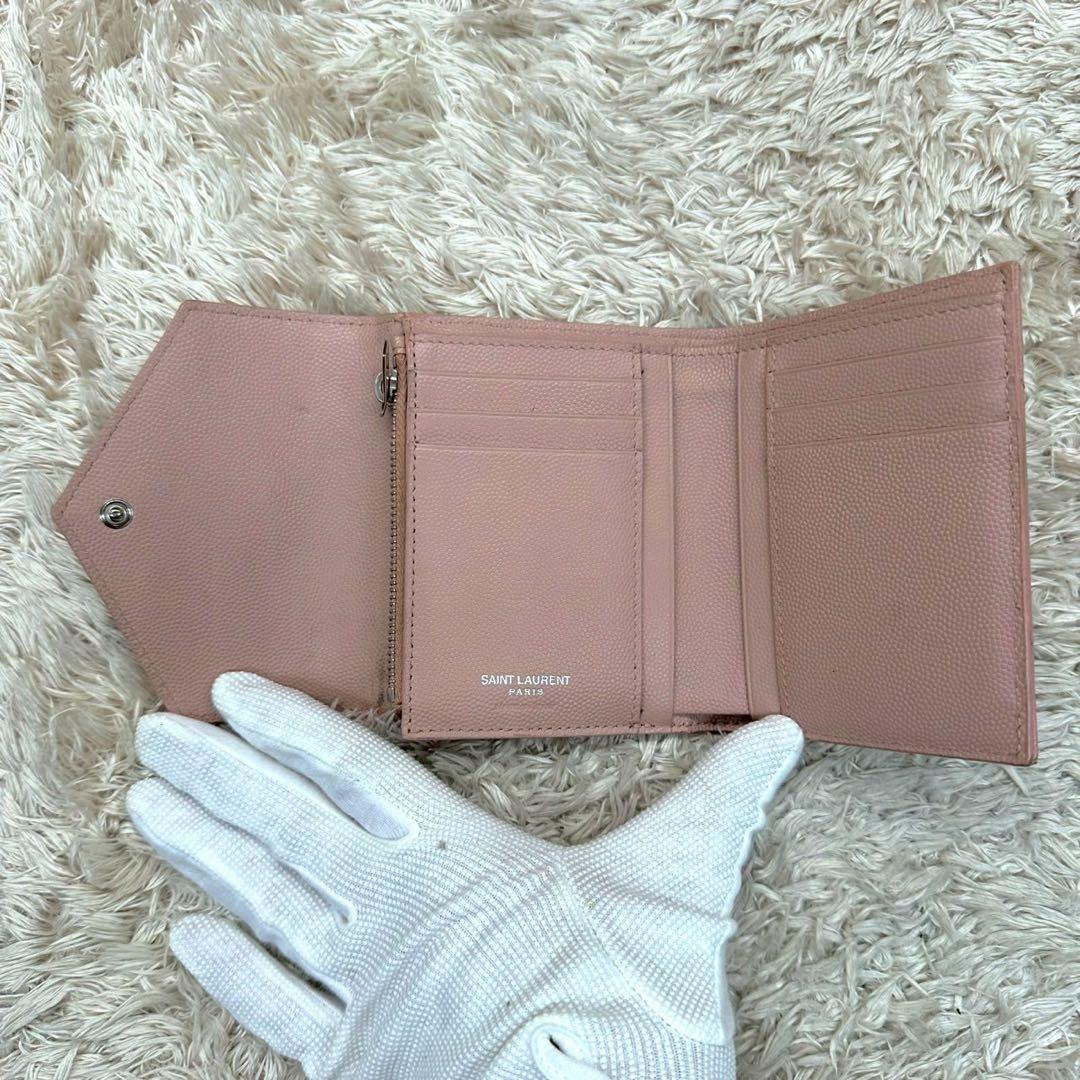 【美品】サンローラン 財布 YSL キャビアスキン ピンクベージュ キルティング