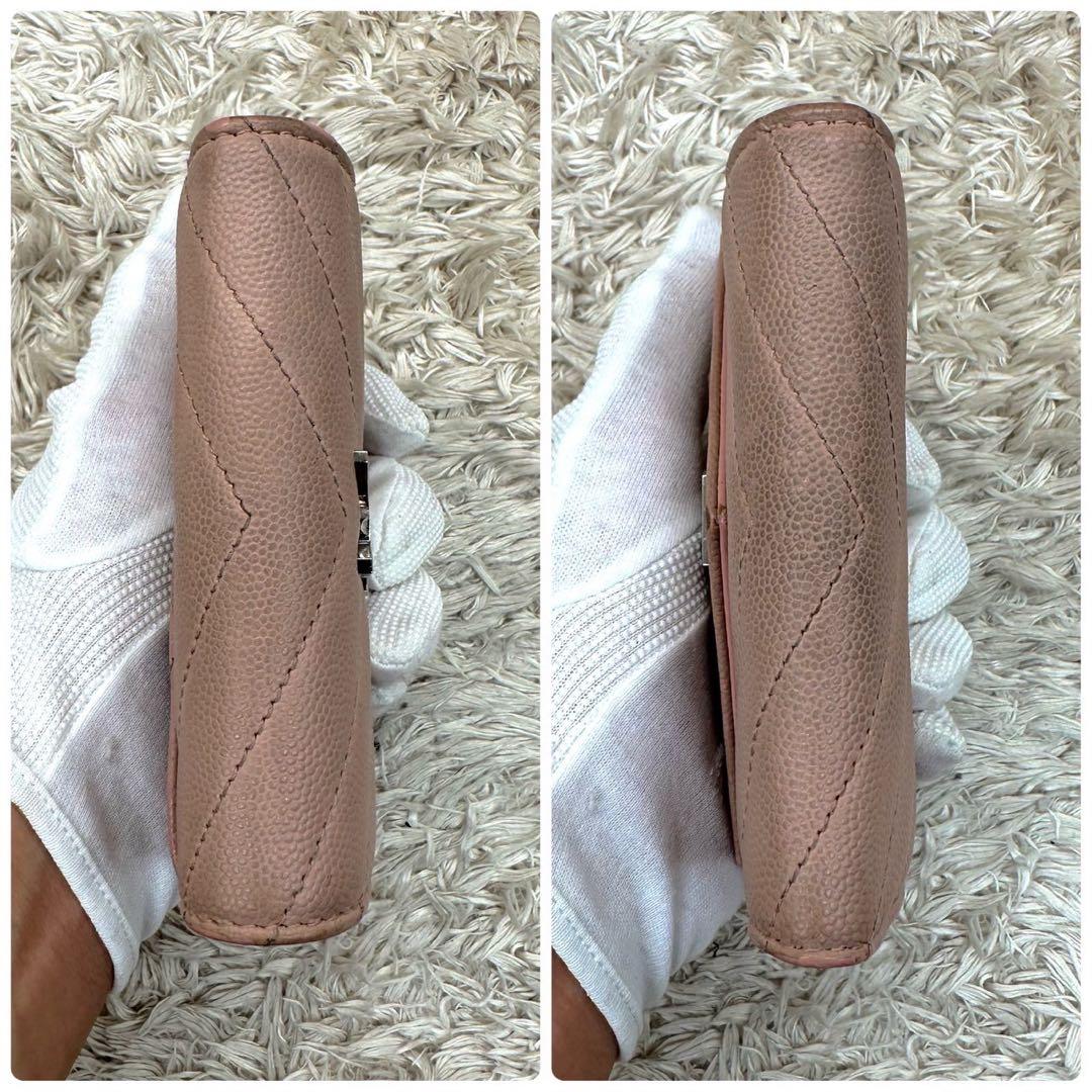 【美品】サンローラン 財布 YSL キャビアスキン ピンクベージュ キルティング