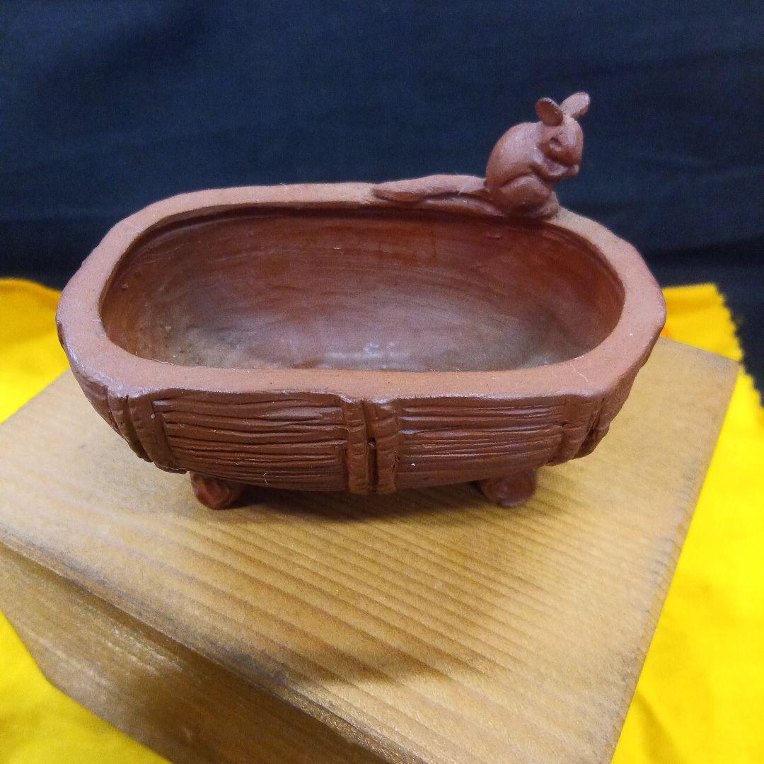 010.【寿悦】朱泥鼡俵鉢/盆栽鉢/木箱付き