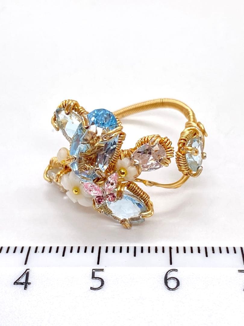 ブルートパーズ ワイヤーアートリング 10kgf ハンドメイド新作 14〜15号