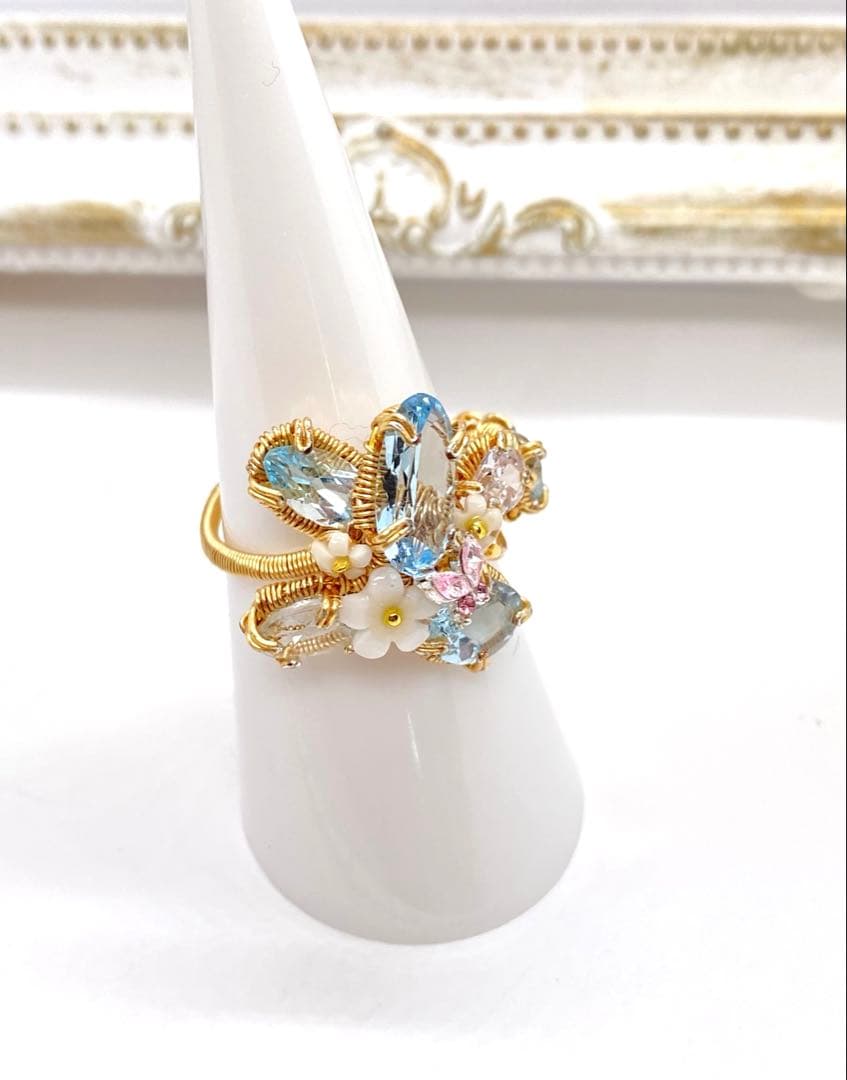 ブルートパーズ ワイヤーアートリング 10kgf ハンドメイド新作 14〜15号