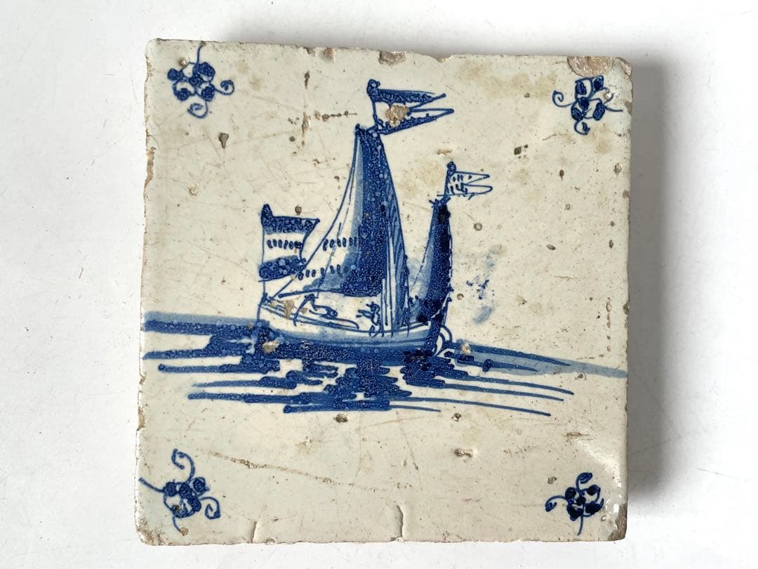 骨董　アンティーク　デルフトタイル　船文様　帆船　染付　17世紀　オランダ