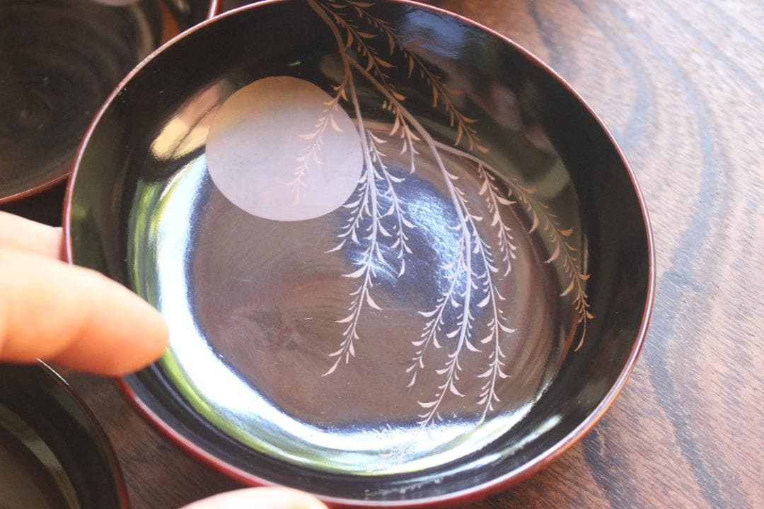 ばら売り可！時代内黒溜塗に優美な月蒔絵の映える小皿8点（検輪島塗蒔絵皿銘々皿