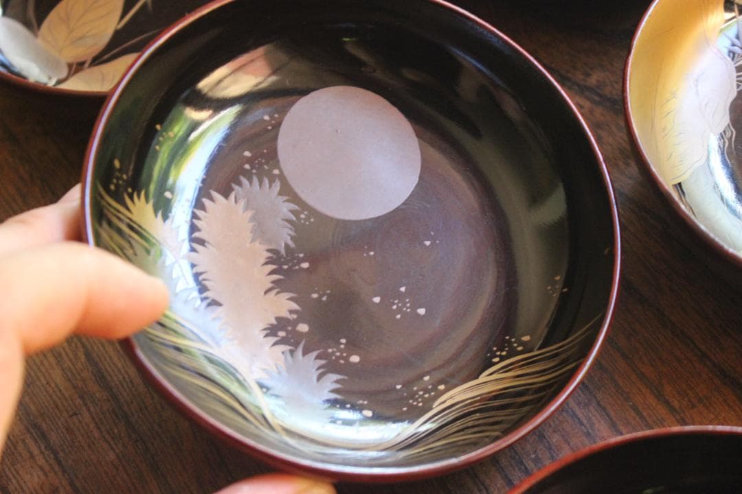 ばら売り可！時代内黒溜塗に優美な月蒔絵の映える小皿8点（検輪島塗蒔絵皿銘々皿