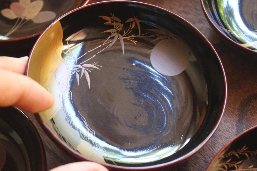 ばら売り可！時代内黒溜塗に優美な月蒔絵の映える小皿8点（検輪島塗蒔絵皿銘々皿