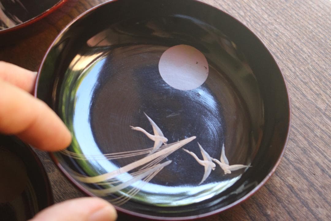 ばら売り可！時代内黒溜塗に優美な月蒔絵の映える小皿8点（検輪島塗蒔絵皿銘々皿