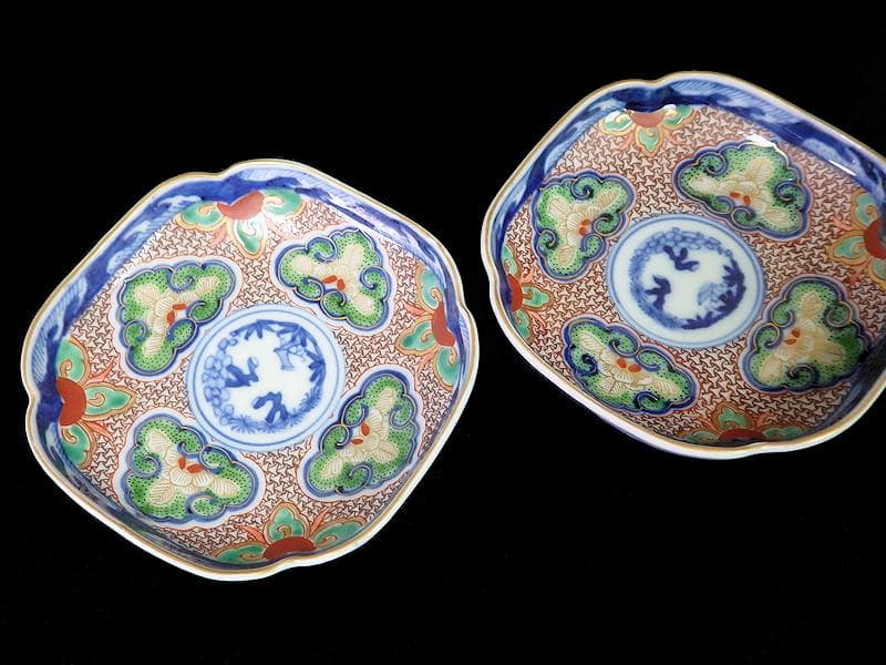 大聖寺伊万里　金襴手　毘沙門亀甲紋に松竹梅　四方角皿３枚　C775AS-fbbj