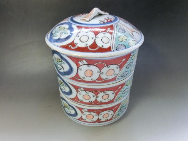 鉢■三段重鉢 赤絵 窓菖蒲 唐草紋 陶器 お重 古美術 時代物 骨董品■