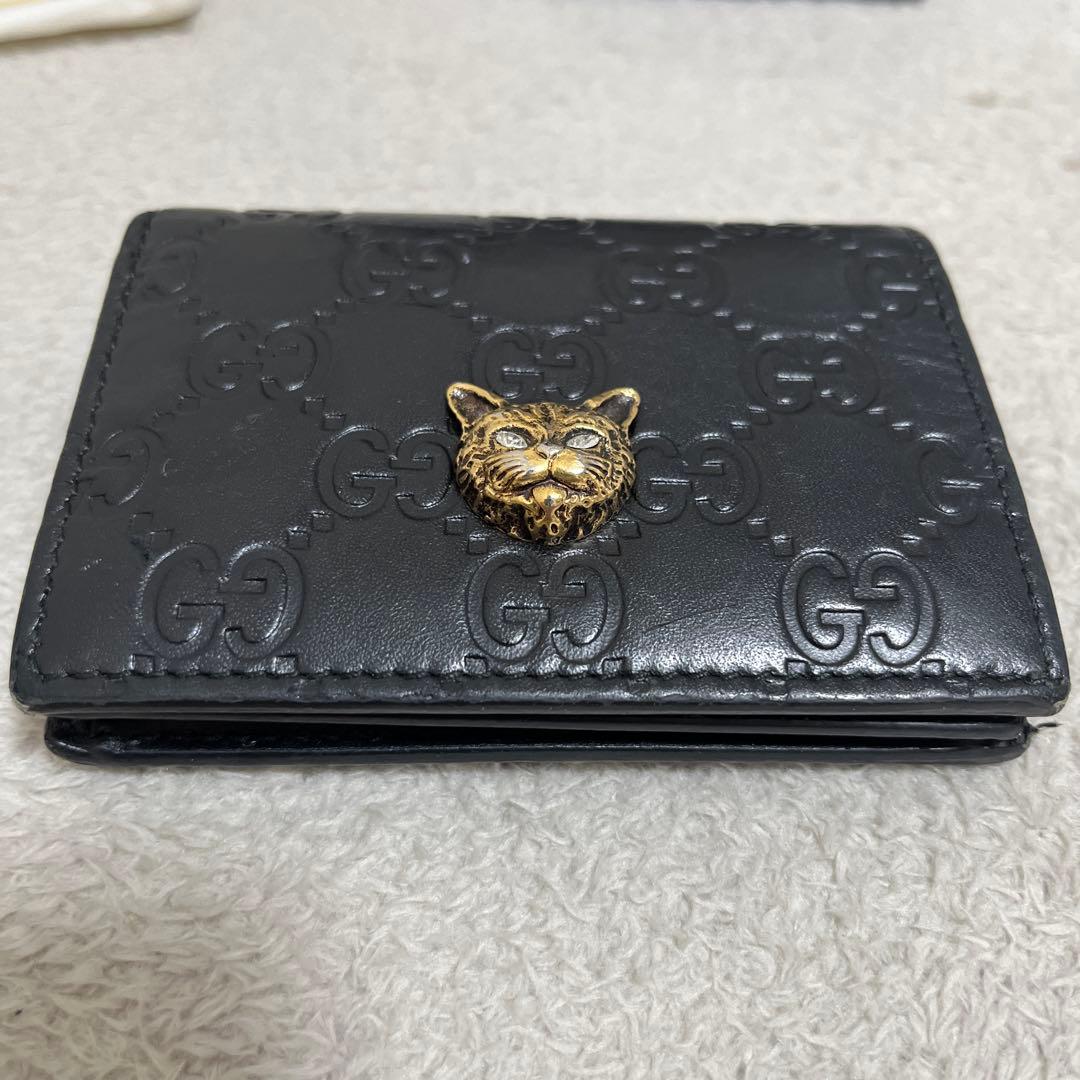 グッチ 財布 リネアキャット GG柄 シマ レザー 猫 黒 ミニ 二つ折り