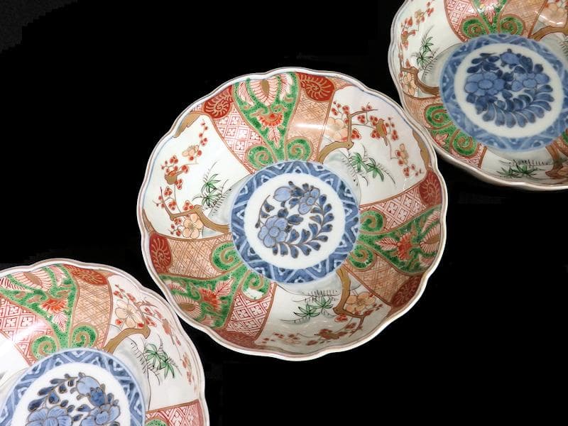 古伊万里　金襴手　牡丹に松竹梅の図　大振膾皿　３客　C784AS-CFz