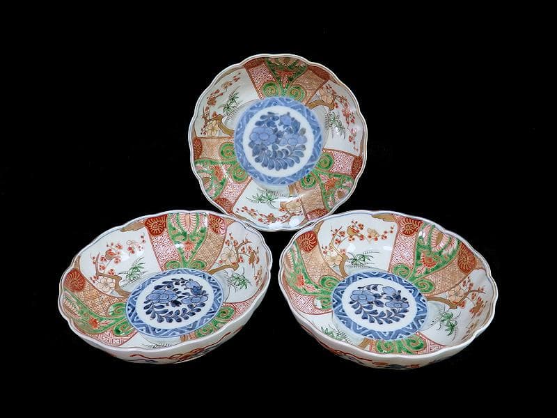 古伊万里　金襴手　牡丹に松竹梅の図　大振膾皿　３客　C784AS-CFz