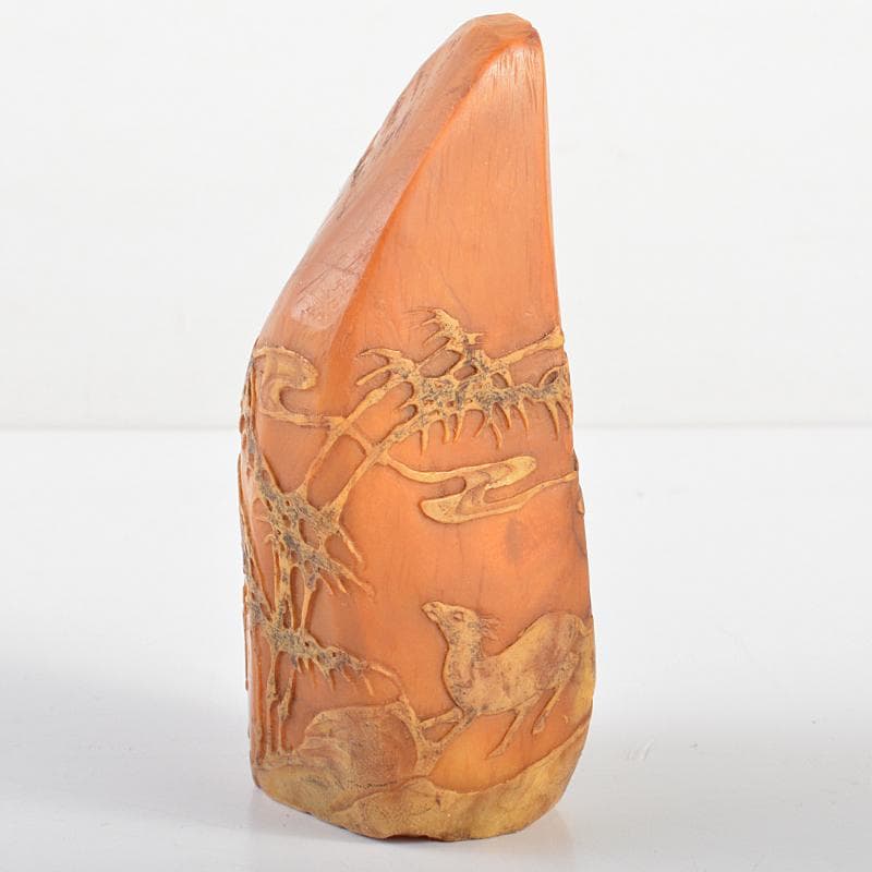 中国　玉石彫刻　山水鹿刻　置物　C　R5817