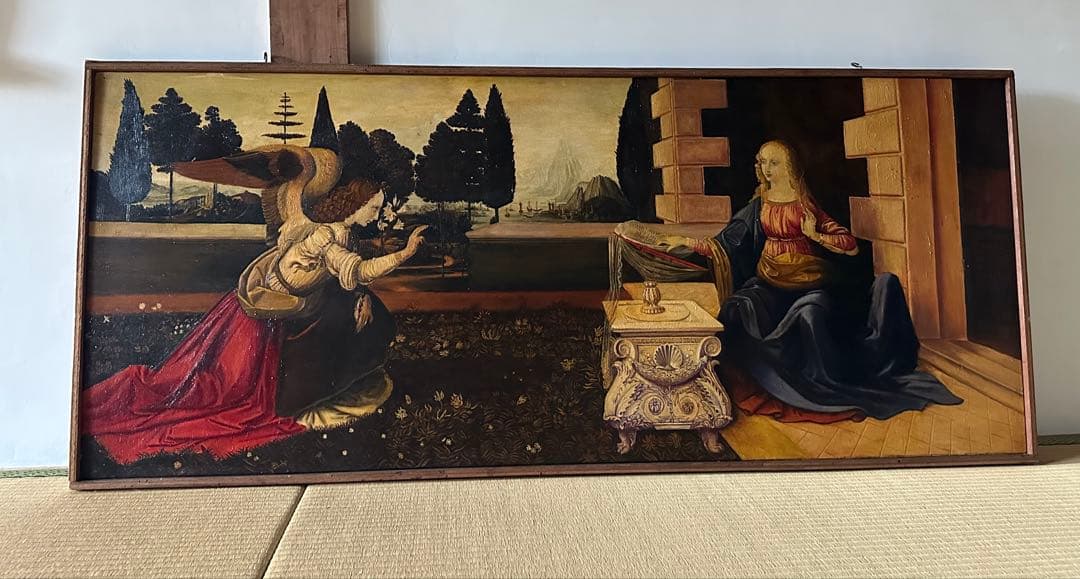 木板に油彩画 大判 木製フレーム付　名 受胎告知 模写　1976年