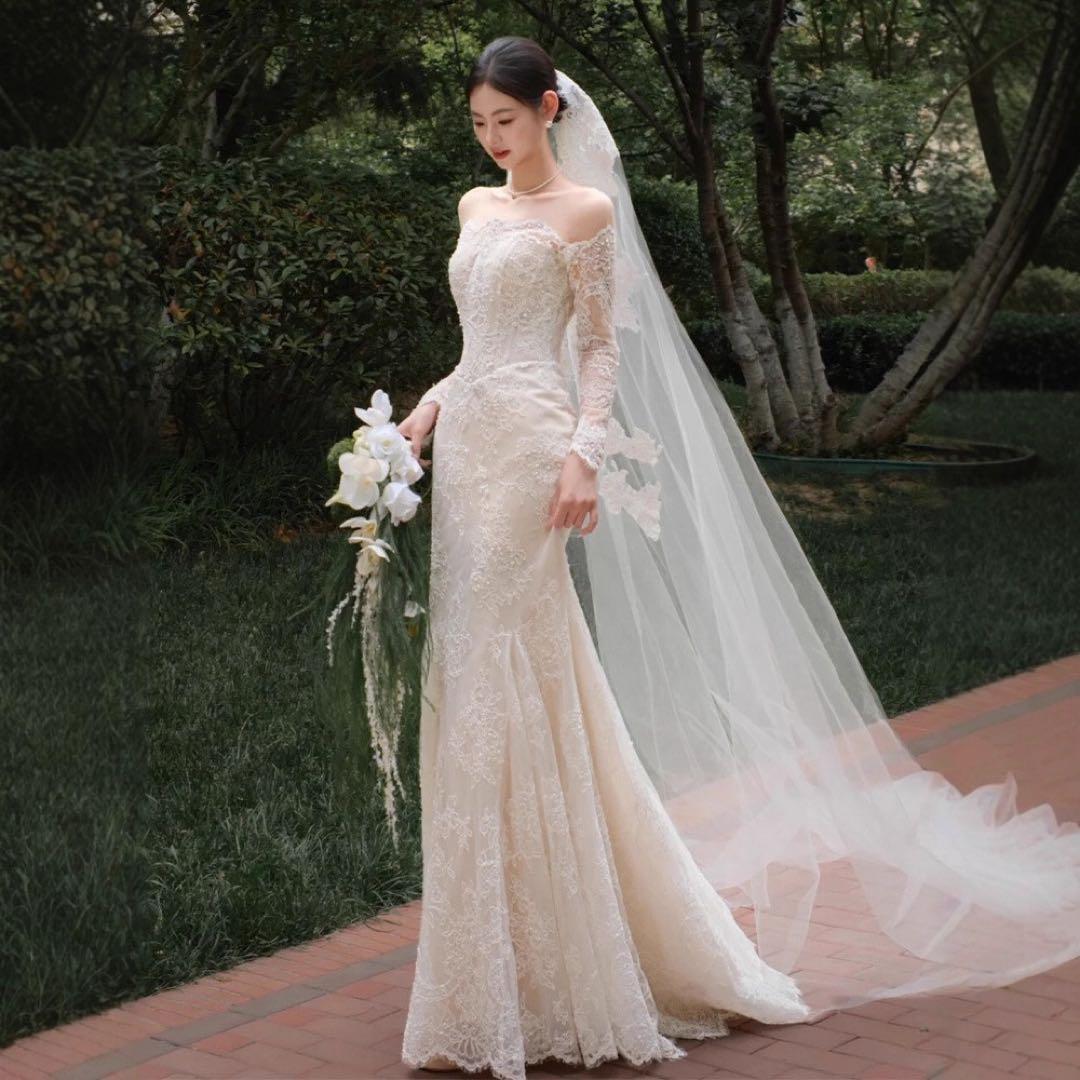 ❤️前撮りに❤️レース長袖 マーメイド風 ウェディングドレス トレーン付 M