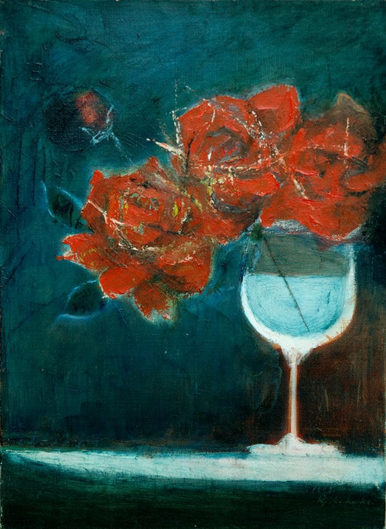 油絵 菅家令子 絵 絵画インテリア額付(青緑＋金色の枠) F4-070302ばら